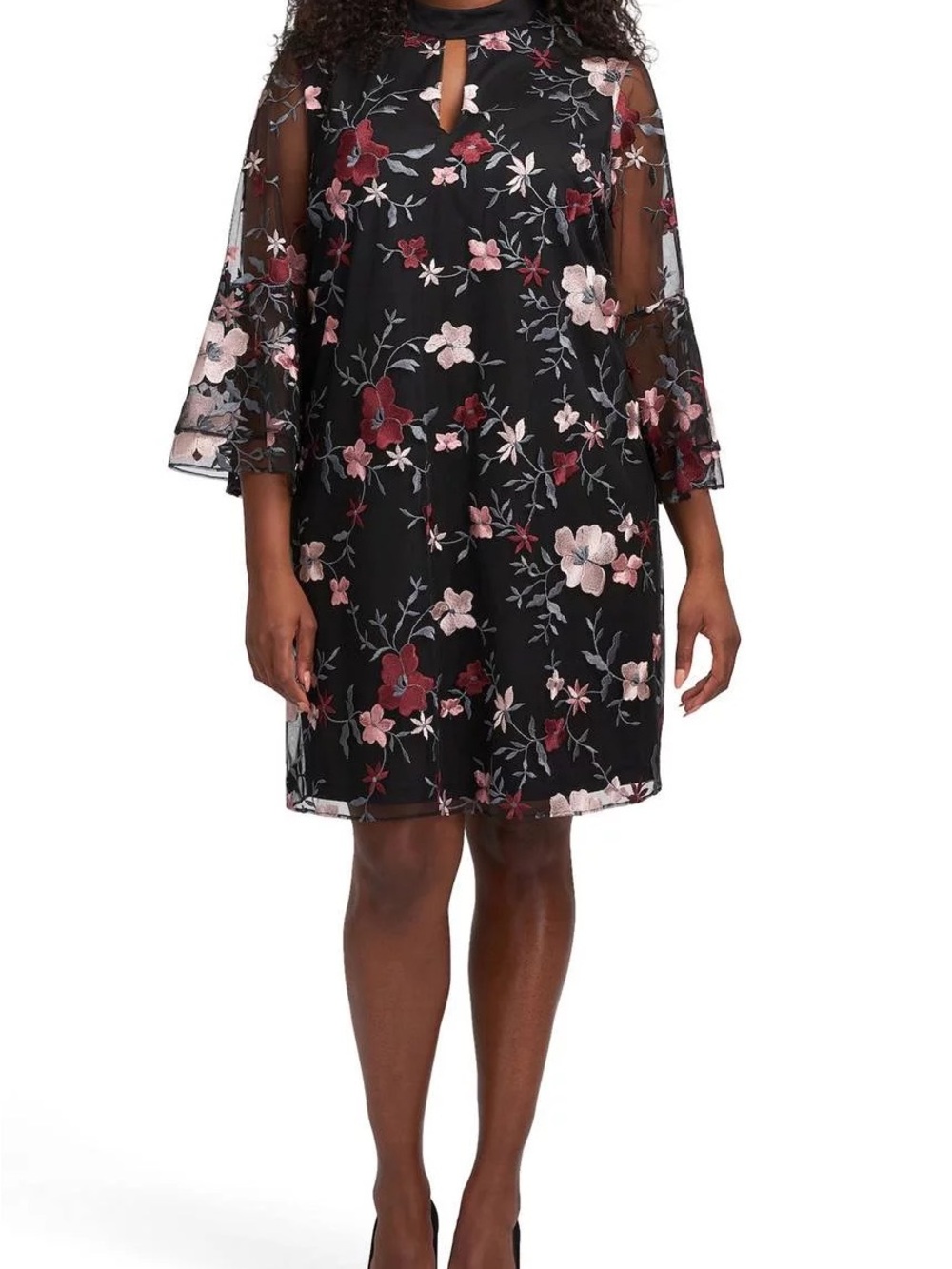 Beige by eci Black Midi Knee Length Dress with Pink & Red Floral Embroidery 12